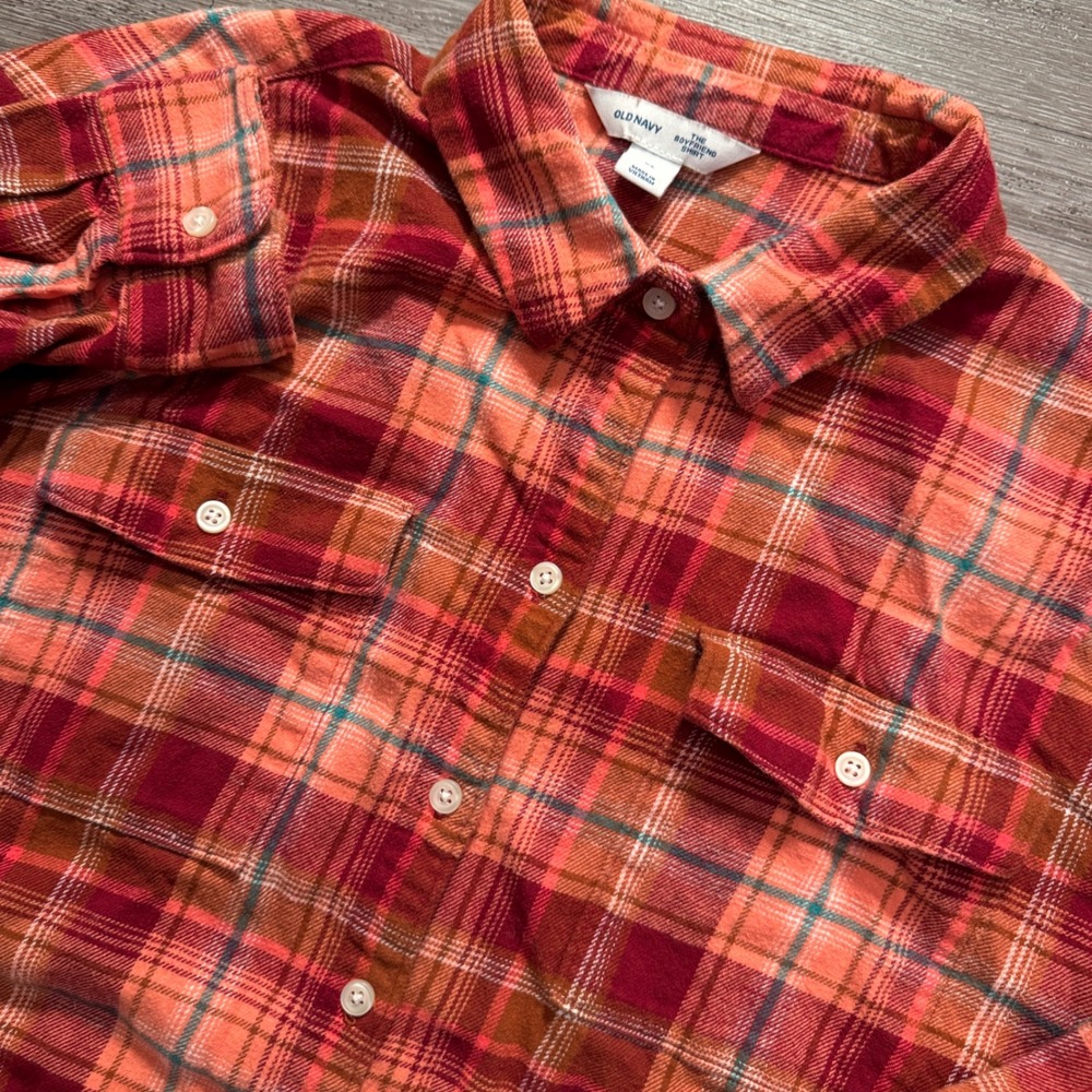 Old Navy Flannel Shirt Women XL Orange Plaid Cotton Heritage Heavyweight Pockets
